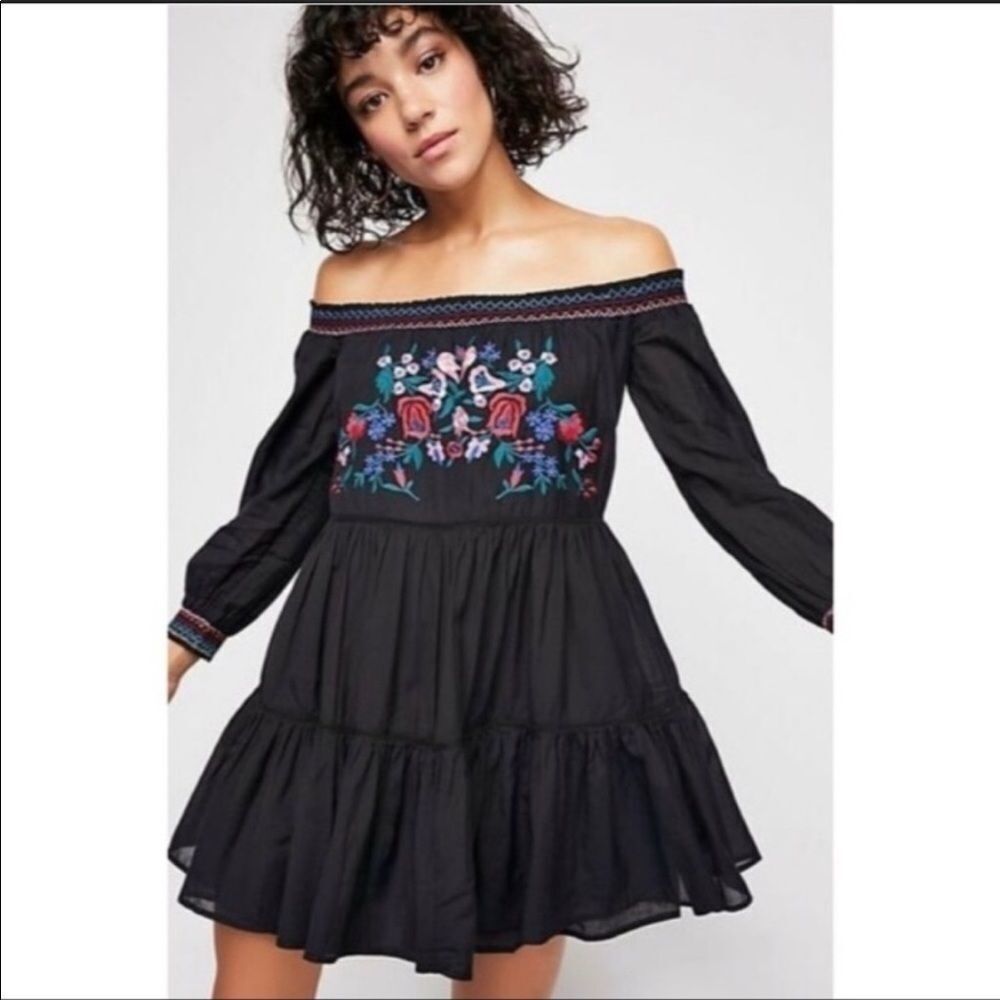 Free People Black Floral Embroidered Dress NWT!